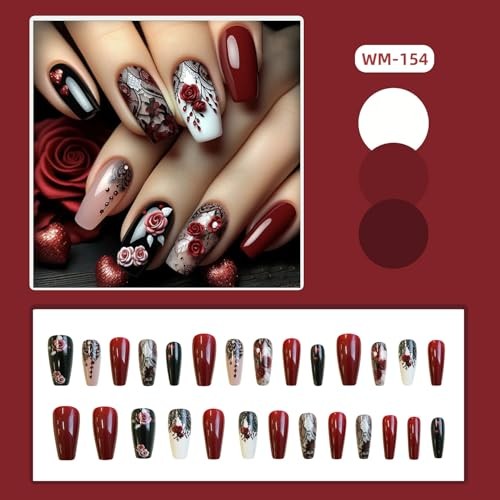 Press on Nails Medium Length False Nails Black Lace Pattern Red Rose Flower
