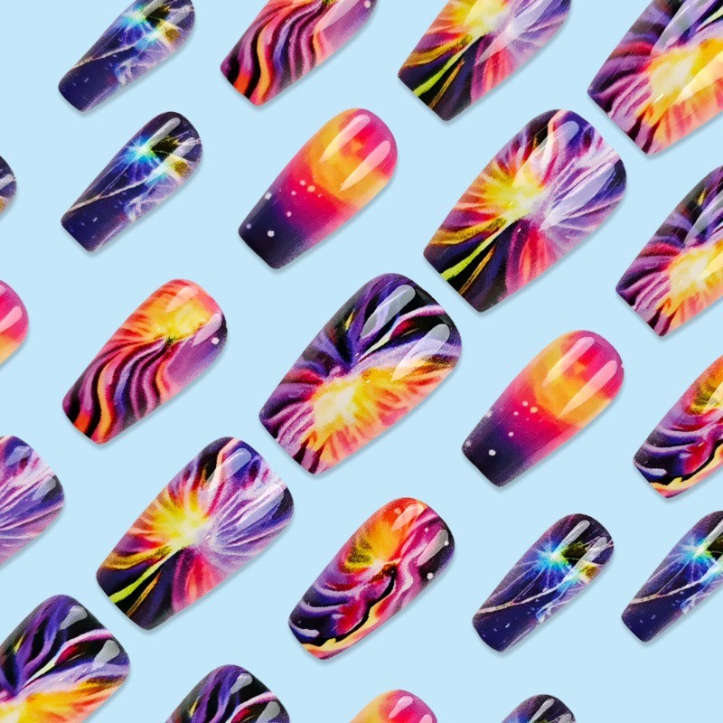 48pcs- Cosmic Swirl Press on Nails, Purple Orange Galaxy Art Medium Coffin Nails