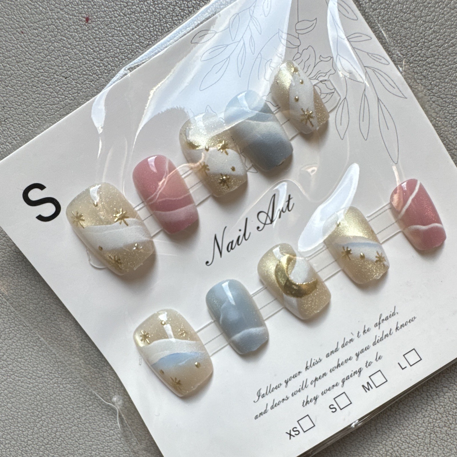 Press-On Nails Short Square Multicolor Glitter Moon/Star Full Cover Pre-Designed