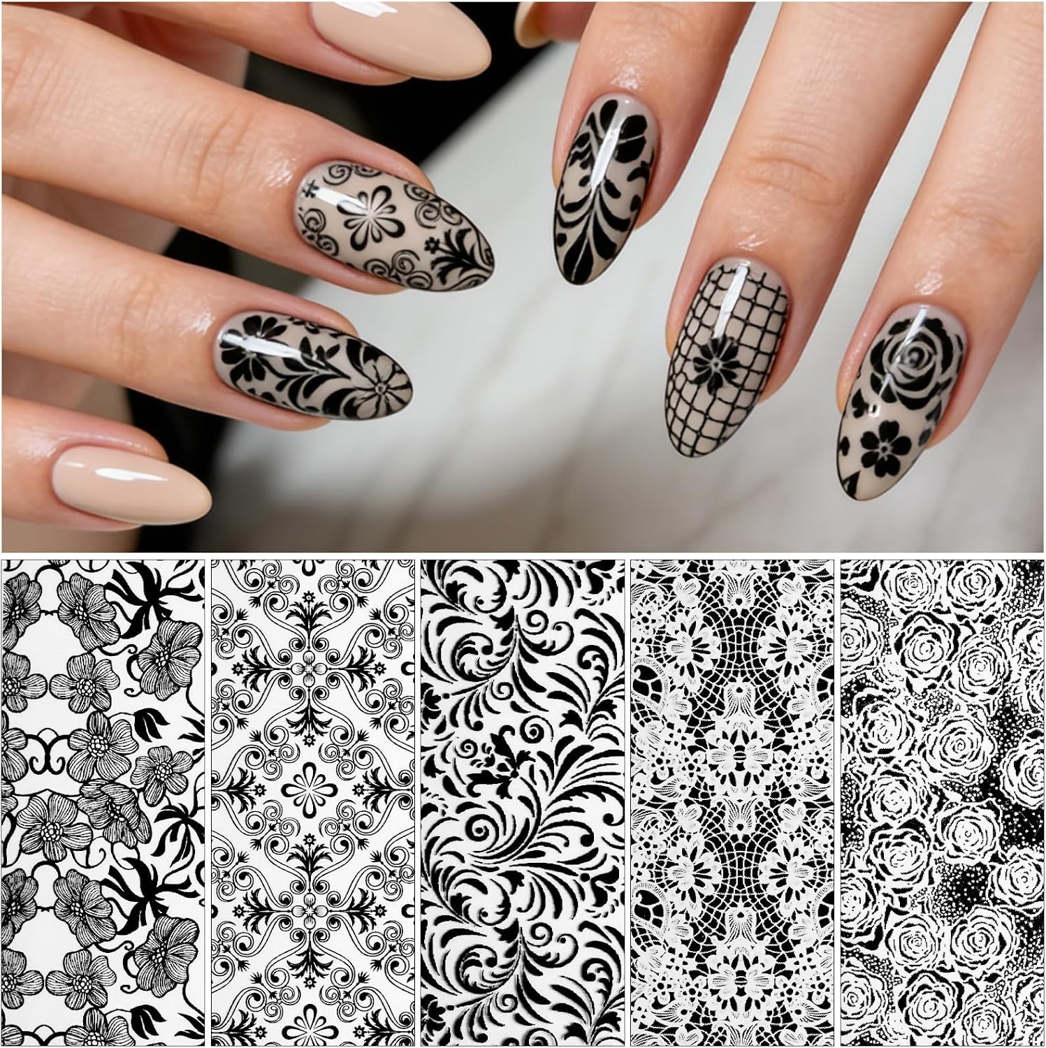 Lace Transfer Nail Foil White and Black Nail Transfer Foil Sticker, Flower Na…
