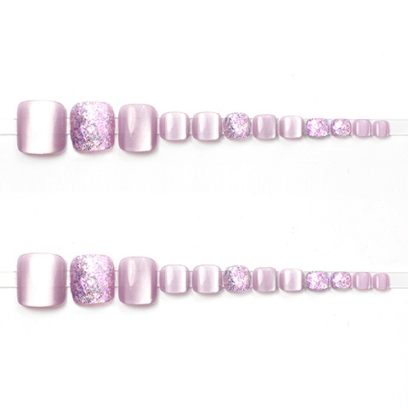 48pcs Short Square Press on Toe Nails, Purple Cat Eye Glitter Mix Toe Nails