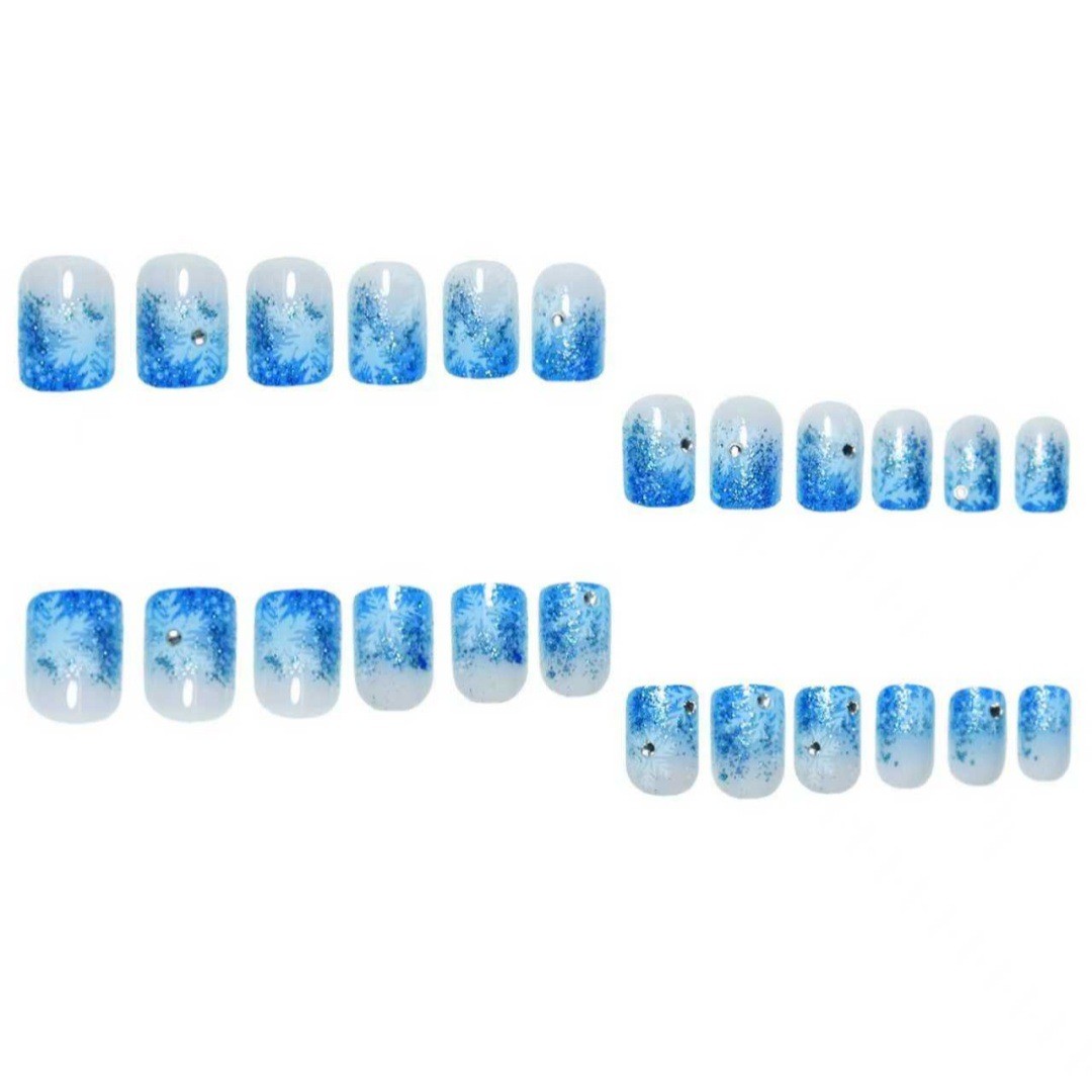 Christmas Blue Square Press On Nails Snowflake Rhinestone Glitter