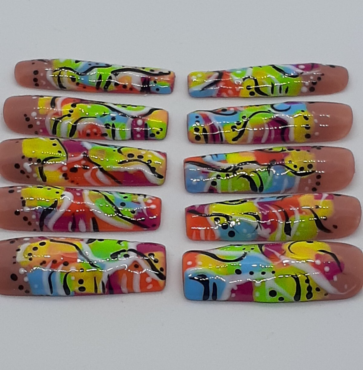 90’s Inspired Neon Long Square Press On Nails, Summer Nails, Freaknik Nails