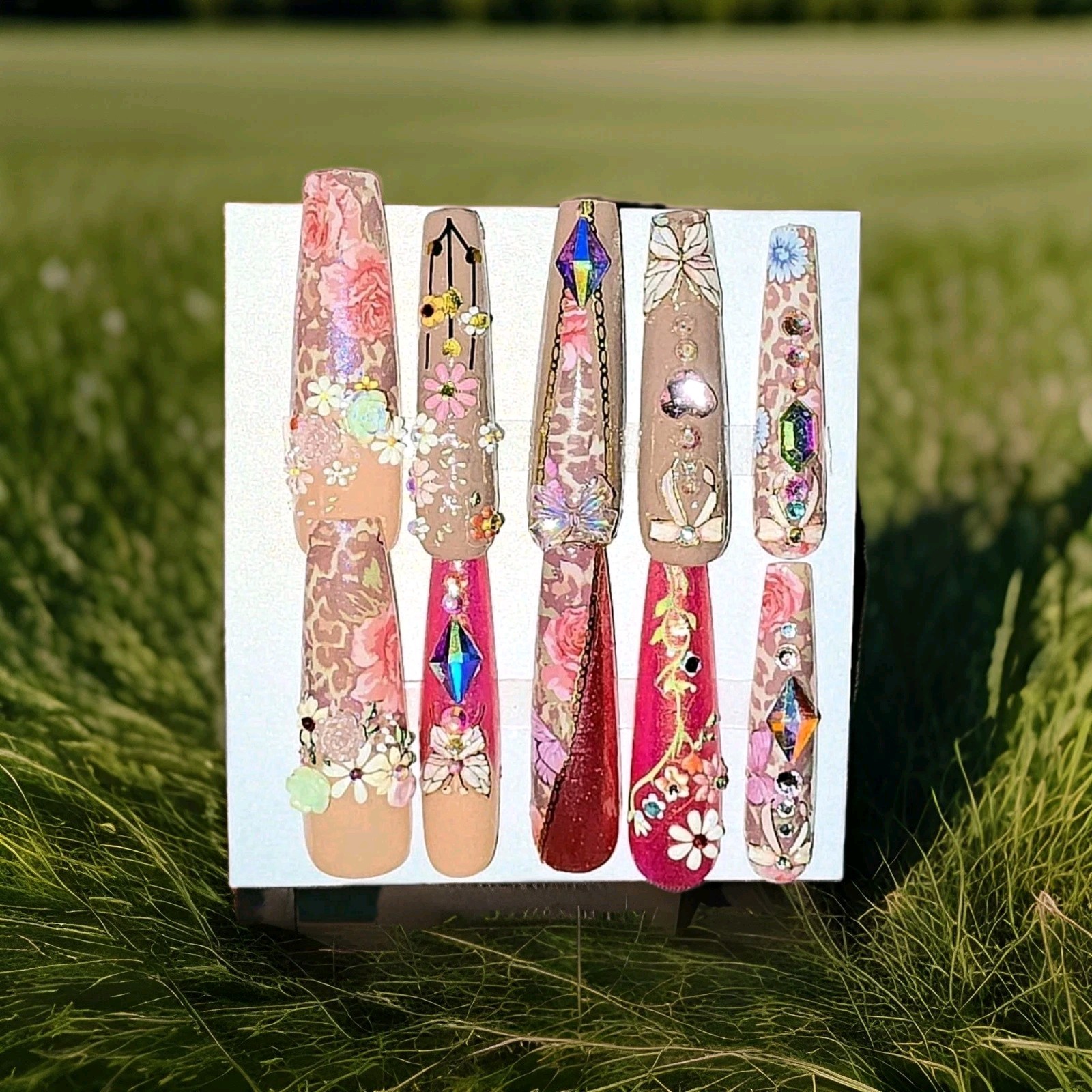Acrylic Press On Junk Nails Floral 3D Gems Floral Animal Print Long Coffin