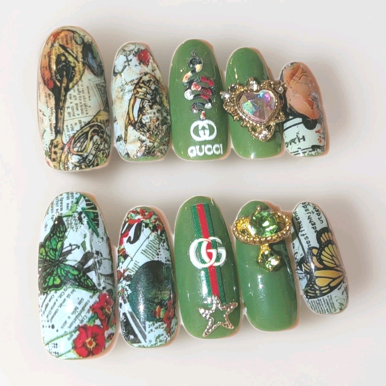 Printed custom decorative 10pc short acrylic press on nails sz medium Glue…