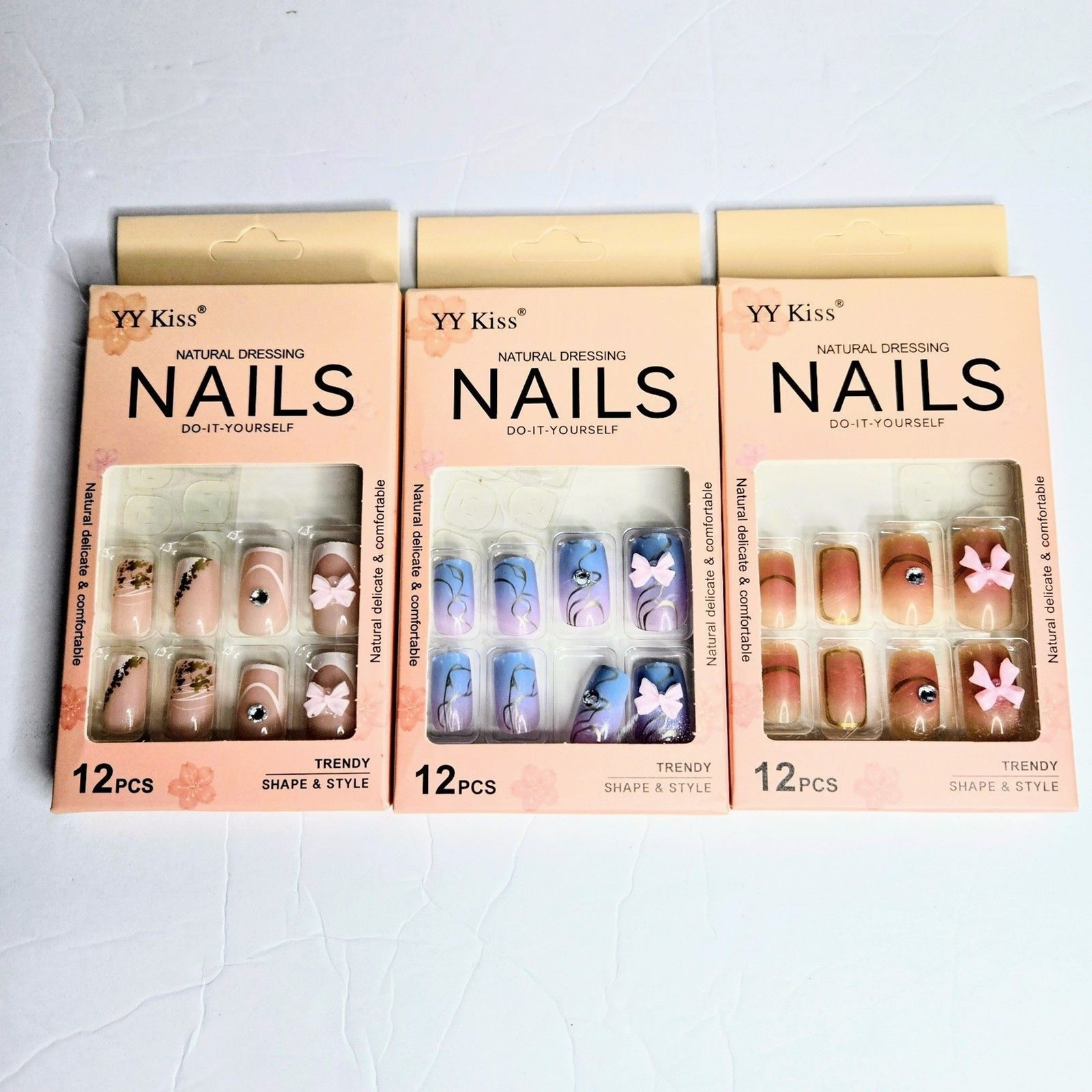 PRESS-ON NAILS Pack of 3 Set with 12 Pieces Each YY Kiss Natural Dress NEW NIB