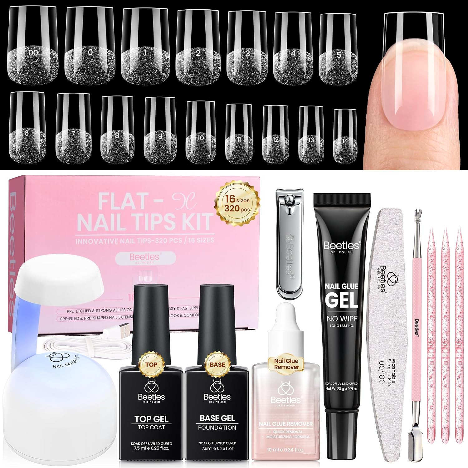 Gel Nail Kit Flat-X, Square Short, 320Pcs 16 Sizes Nail Tips | 20G Nail Glue Han