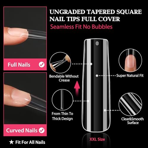 Extra Long Tapered Sqaure Nail Tips Full Cover 504pcs No C Curve Full Square