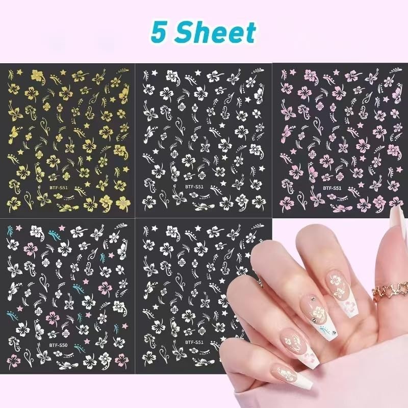Flower Nail Stickers Hibiscus Nail Decals White Pink Golden Clear 5 Sheets