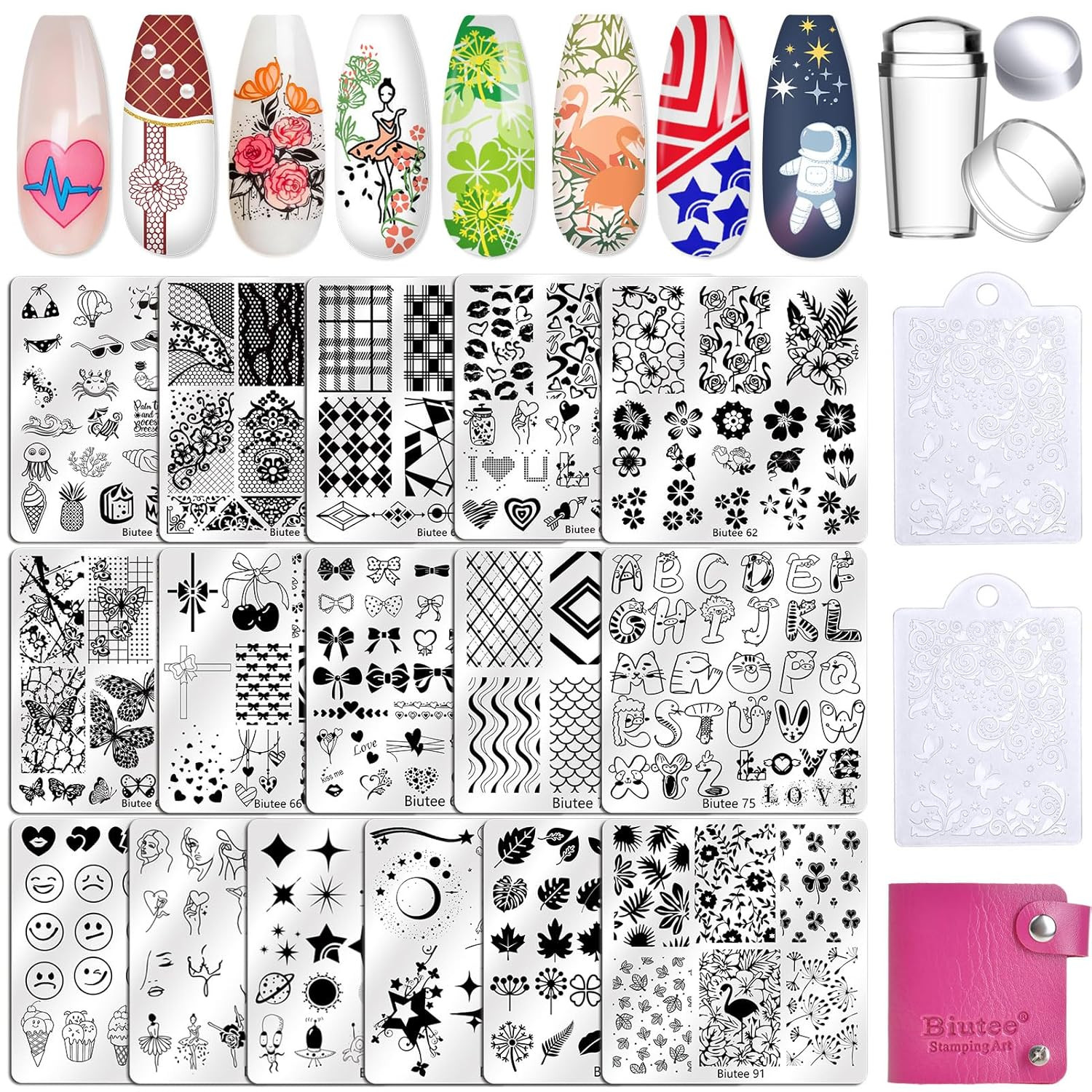 Nail Stamping Kit with 16 Nail Stamping Plates, Clear Jelly Nail Stamper, 2 Scra