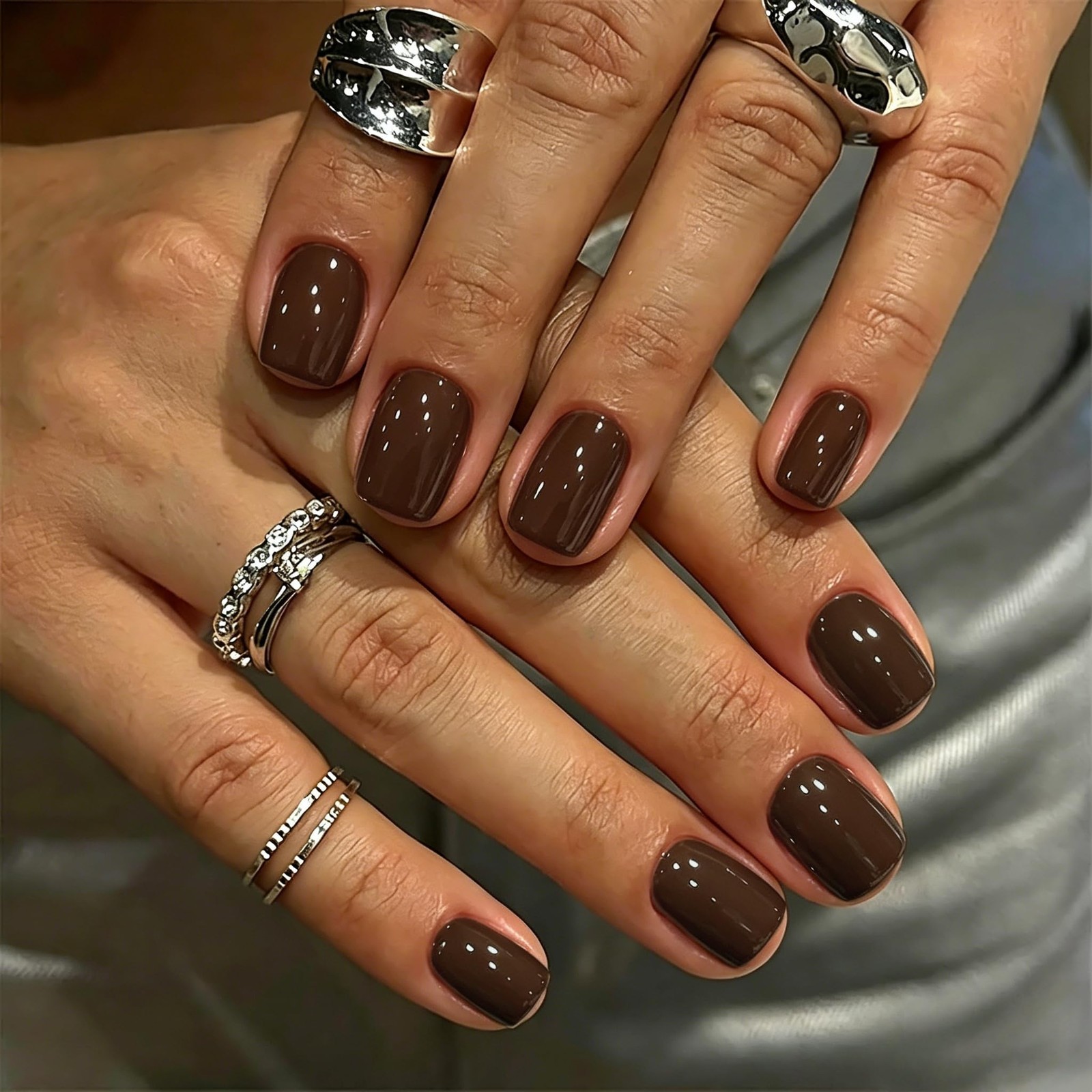 SXVME Soft Gel Press On Nails Short Square, 30 Pcs 15 Sizes Chocolate Brown B…