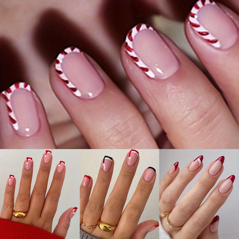 96PCS Christmas Candy Cane Press On Nails Swirl French Tip Festive Fake Nails