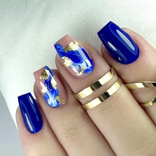 Square Press on Nails Medium – Royal Blue Glue Ons – Ink Design – Gold
