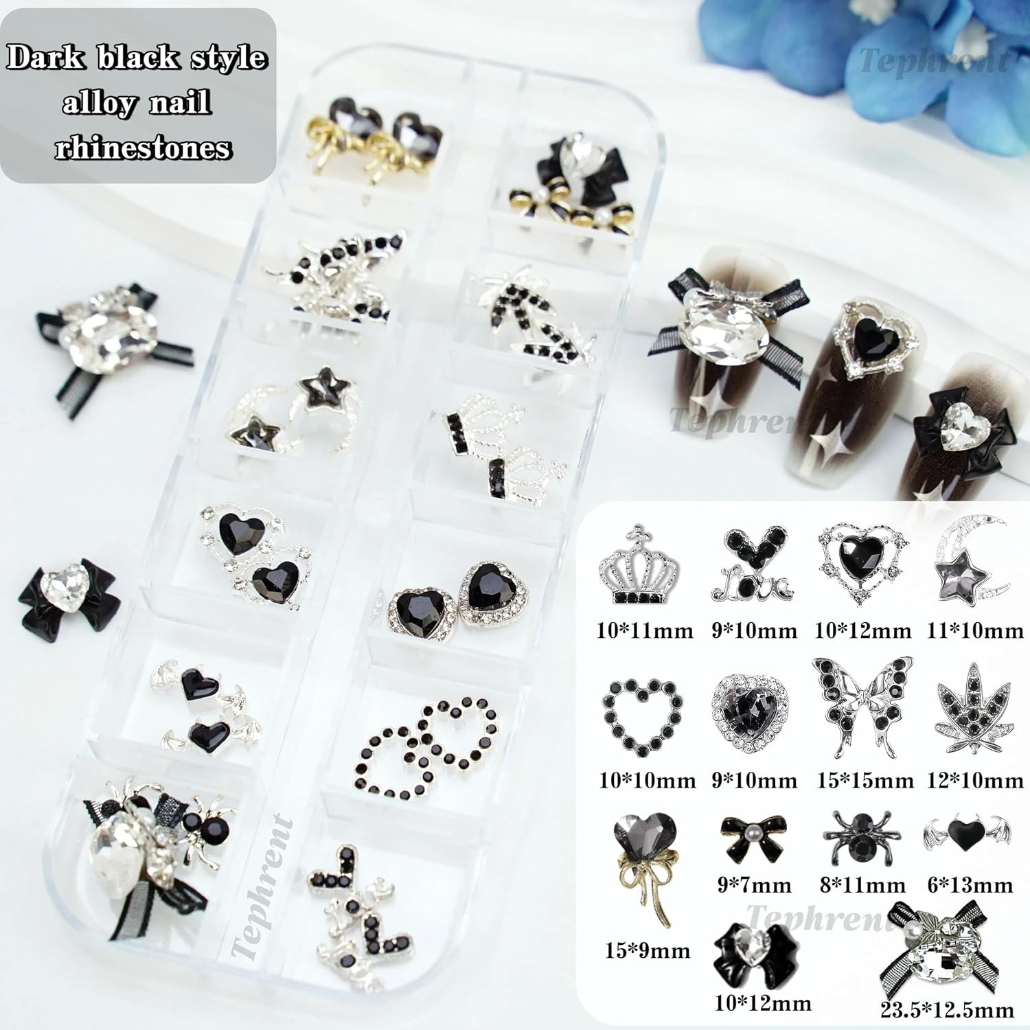 Gothic Nail Charms: 5 Boxes 12 Grids Black Bow Flower Gems for Acrylics