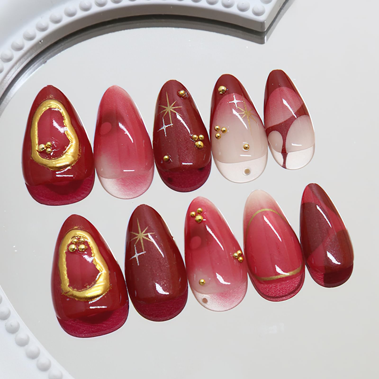 Jremg Red Press on Nails Short Almond Fake Medium Almond, Multicolor