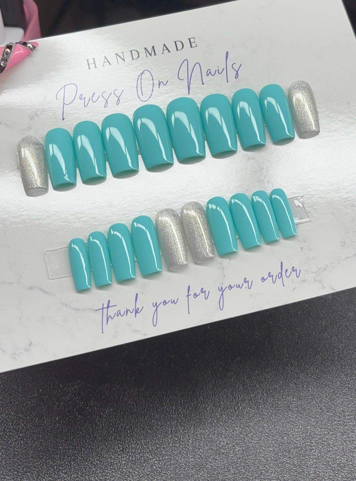 Medium square Press on nails silver glitter teal light blue handmade custom gel