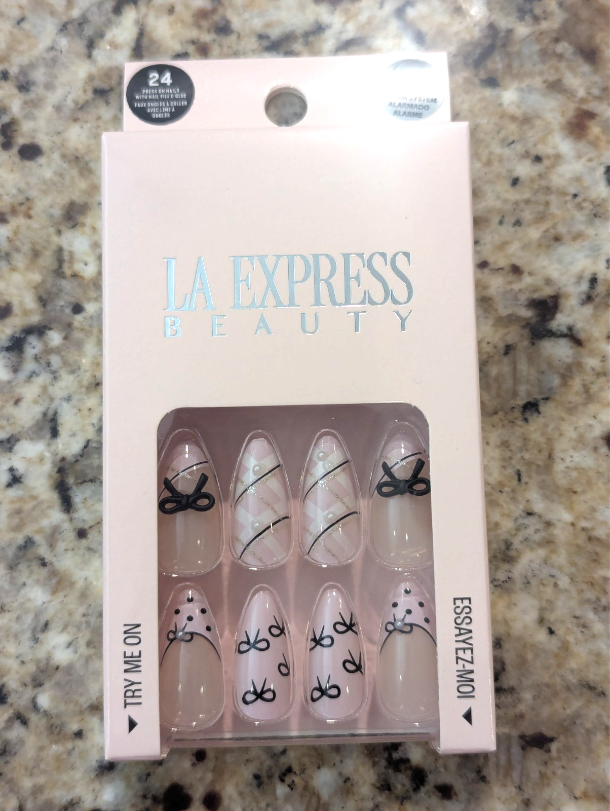 LA Express Beauty False Press On Nails File & Glue Almond 24 ct Pink Black Bows