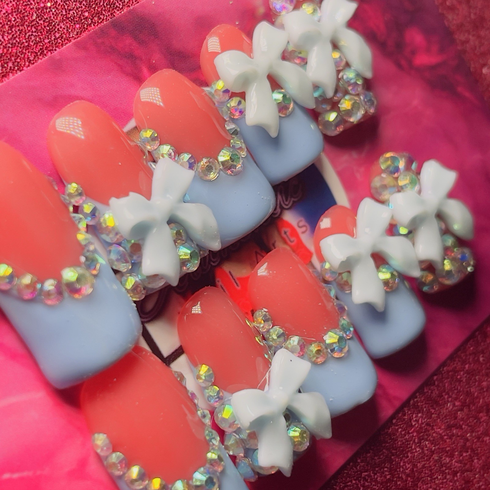 Baby Blue 3D Bow Crystal Press-On Nails Short Square 10pcs