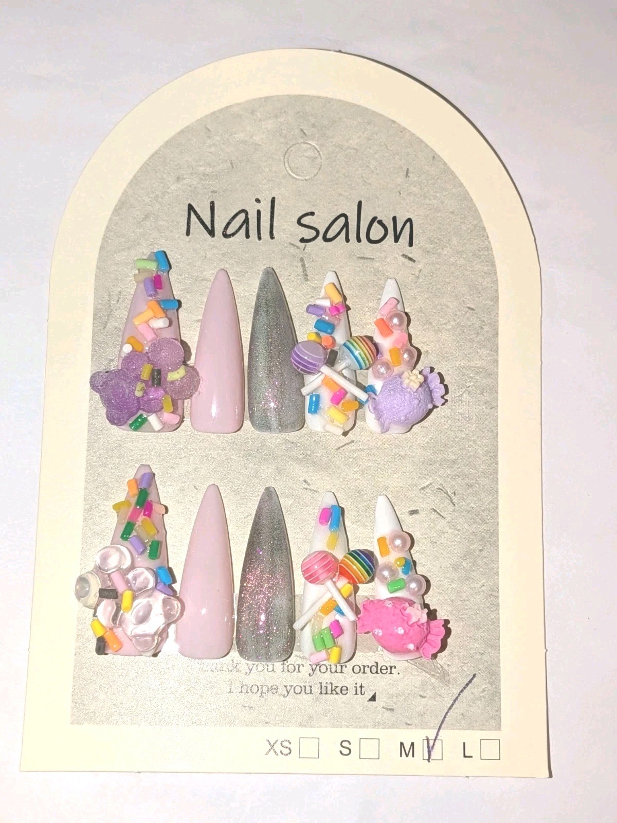 Hand Crafted Pink, White & Purple Stiletto Press-On Nails with Candy 3D Charms