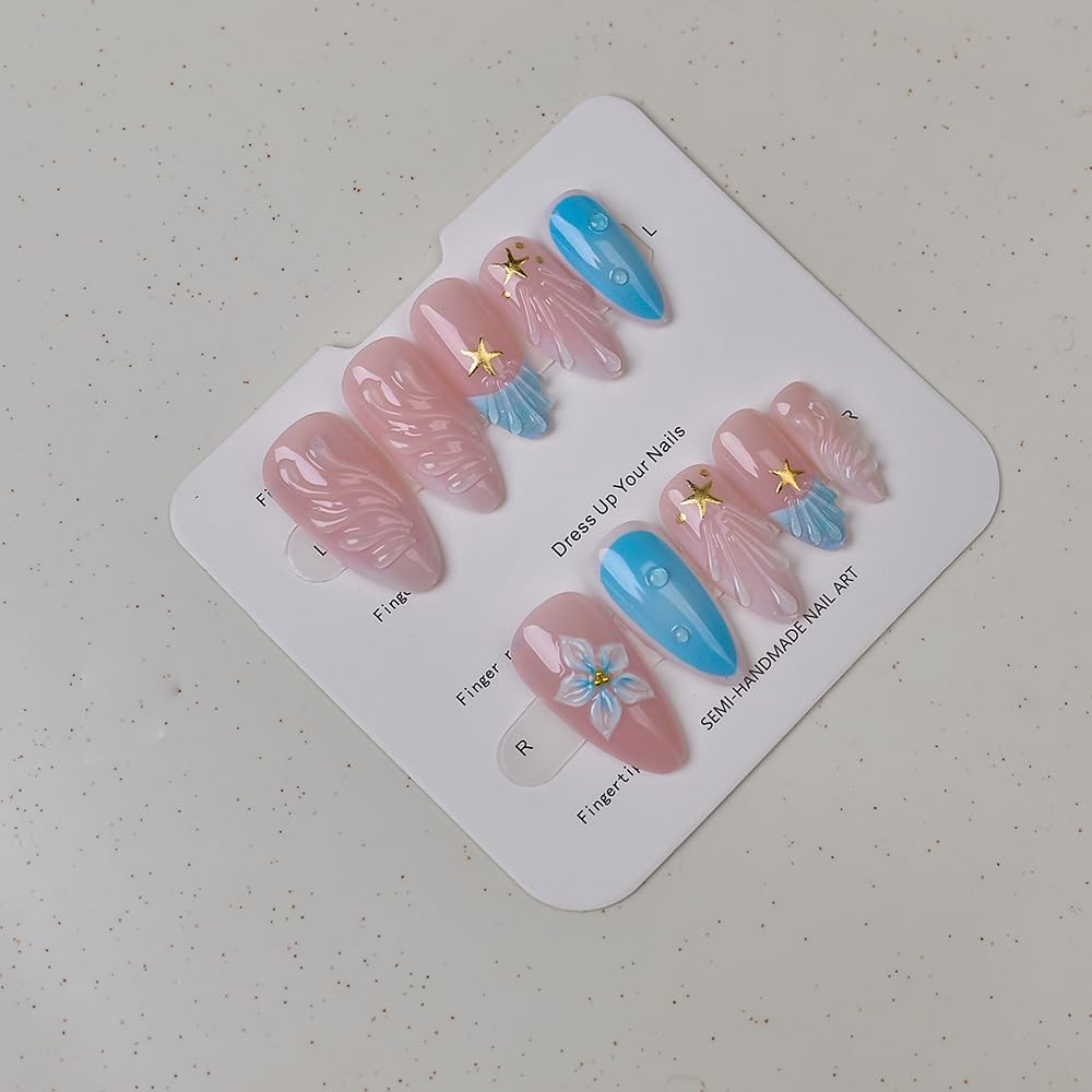 Mermaid Press on Nails for – Ocean French Tip with Gold Stars & 3D Waves, No …
