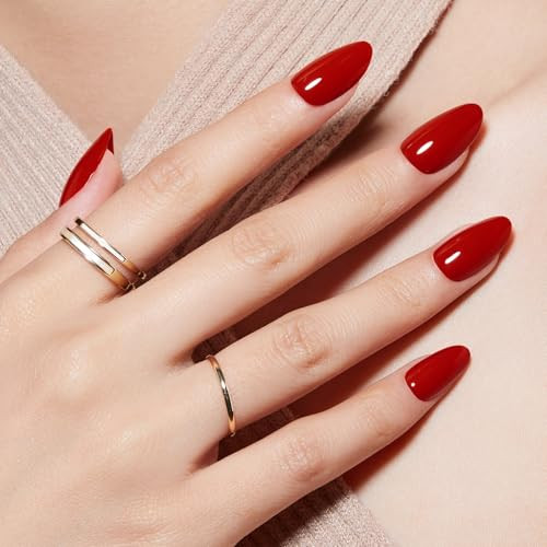 Press on Nails Almond, Red Short Almond Fake Nails, Spring A2-Red Almond