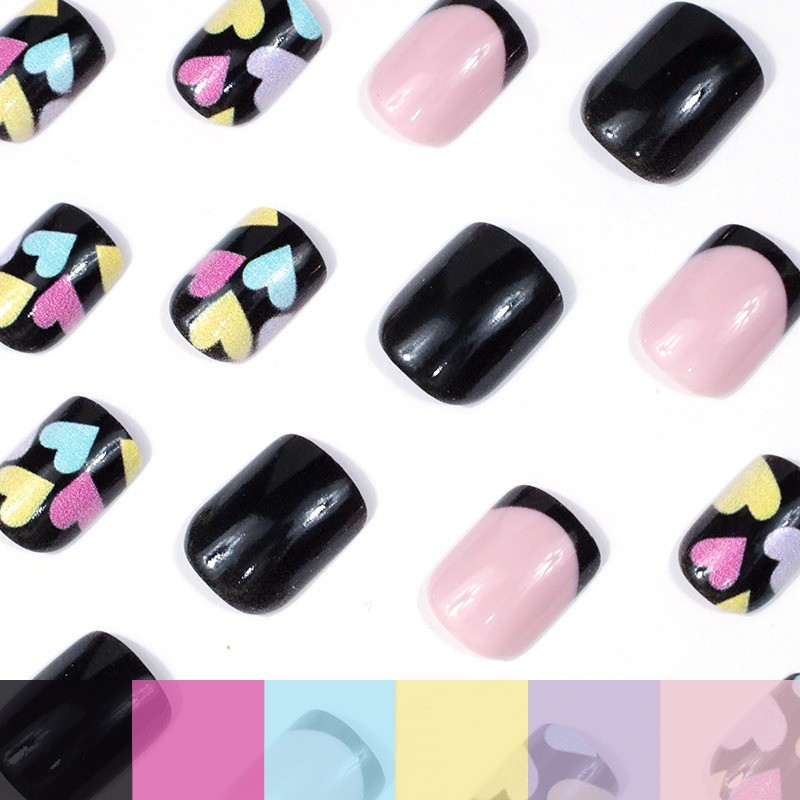 48PCS Short Square Black Powder Multi-color Heart-shaped Reusable Fake Nails
