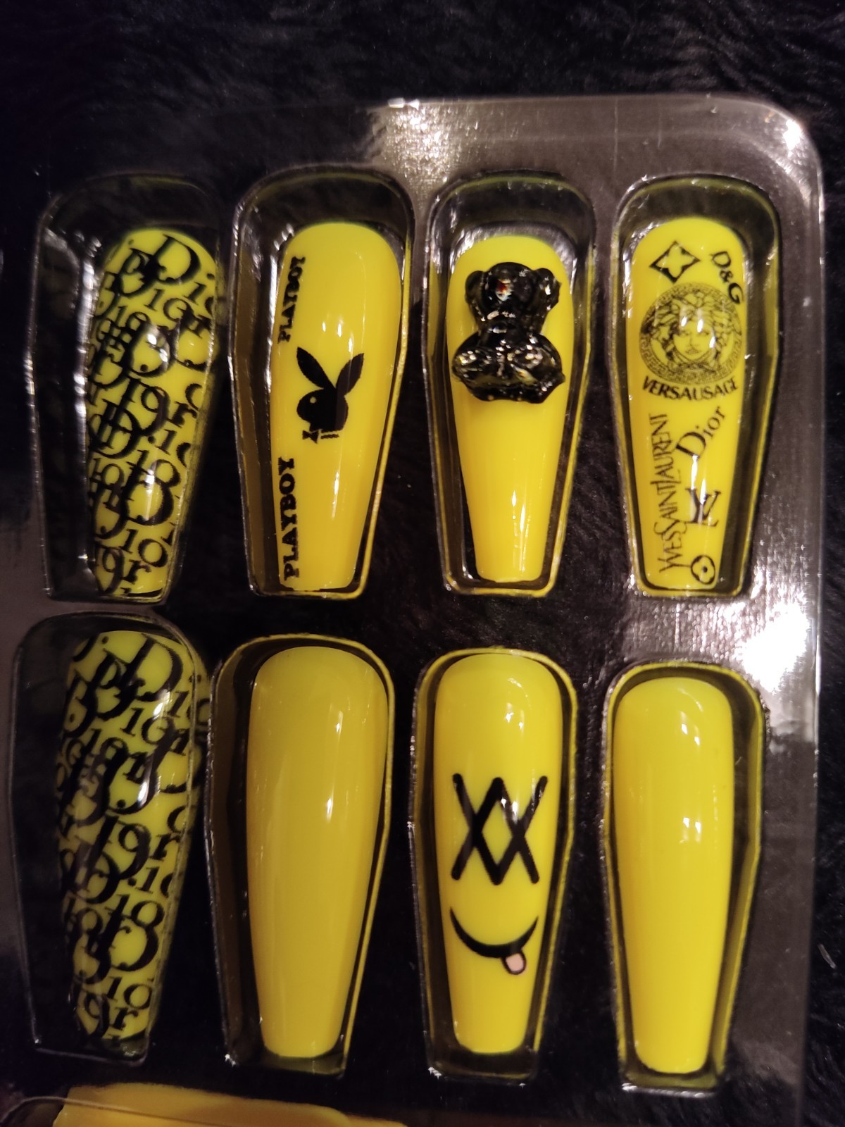 Yellow Black Luxury Salon Press On Nails Fashion Logo Design Long Coffin Glossy
