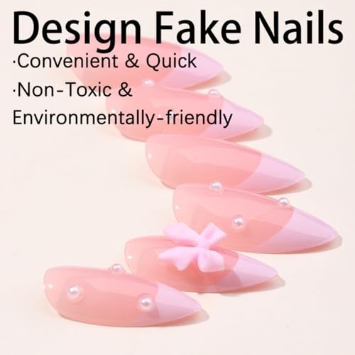 24Pcs French Press on Nails Almond Fake Nail Cute Pink False Nails with 3D bow