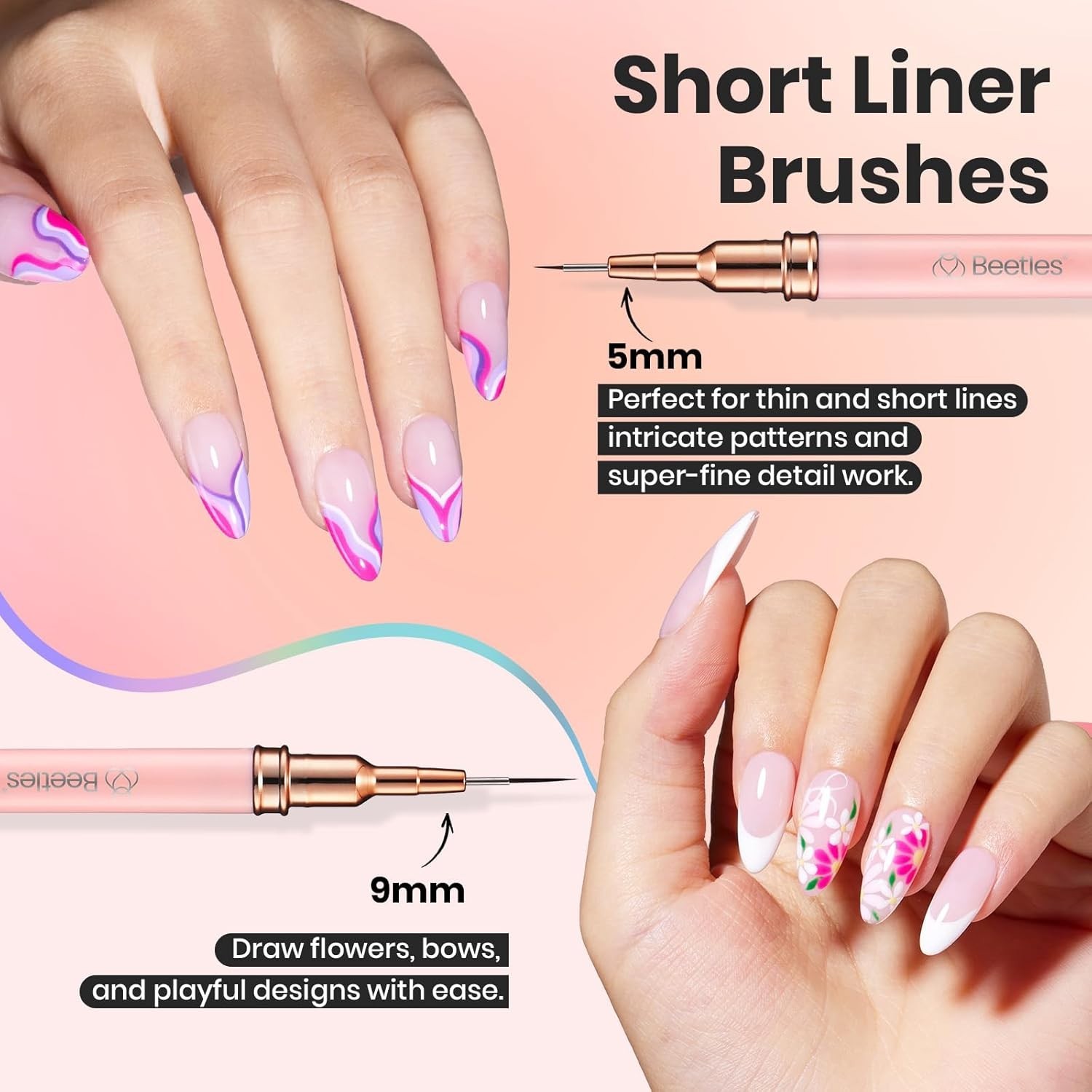 Beetles 5pcs Nail Art Brushes Set for Detailed Designs – Pink Liner Sizes 5-25mm