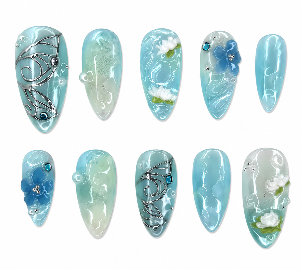 24Pcs Middle Length Ocean Blue French Press On Nails 3D Pearl Almond