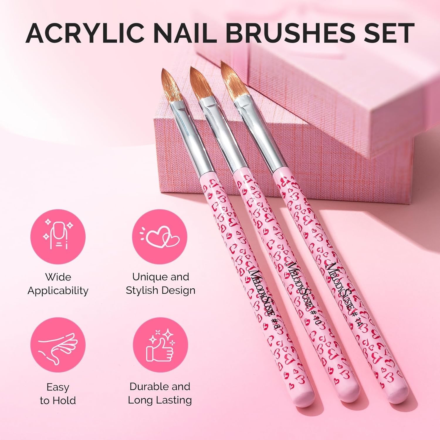 3-Piece Acrylic Nail Brush Set – Sizes 8/10/14, Professional Nail Art Tool for A