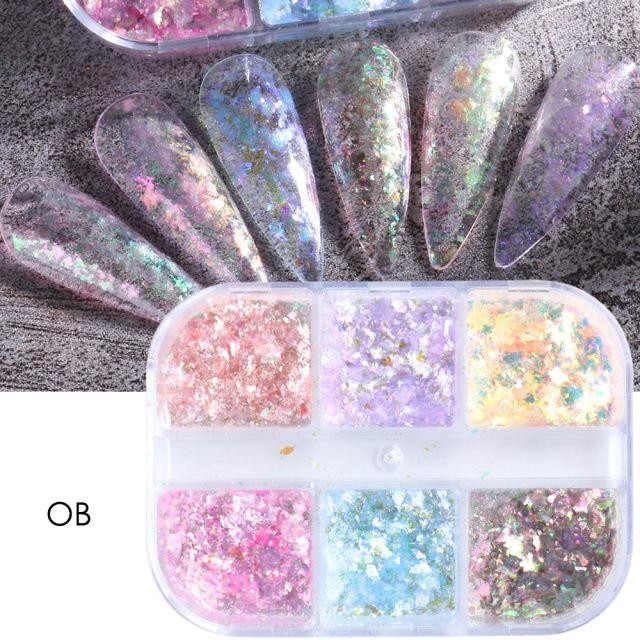 6 Grid Nail Glitter Sequins Set with Aurora Powder & Iridescent Opal for Nails