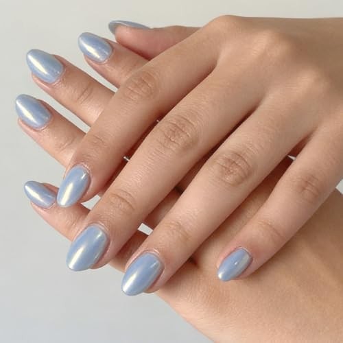 32pcs Almond Press On Nails – Chrome Fake Nails – Mirror Metal – Short Blue
