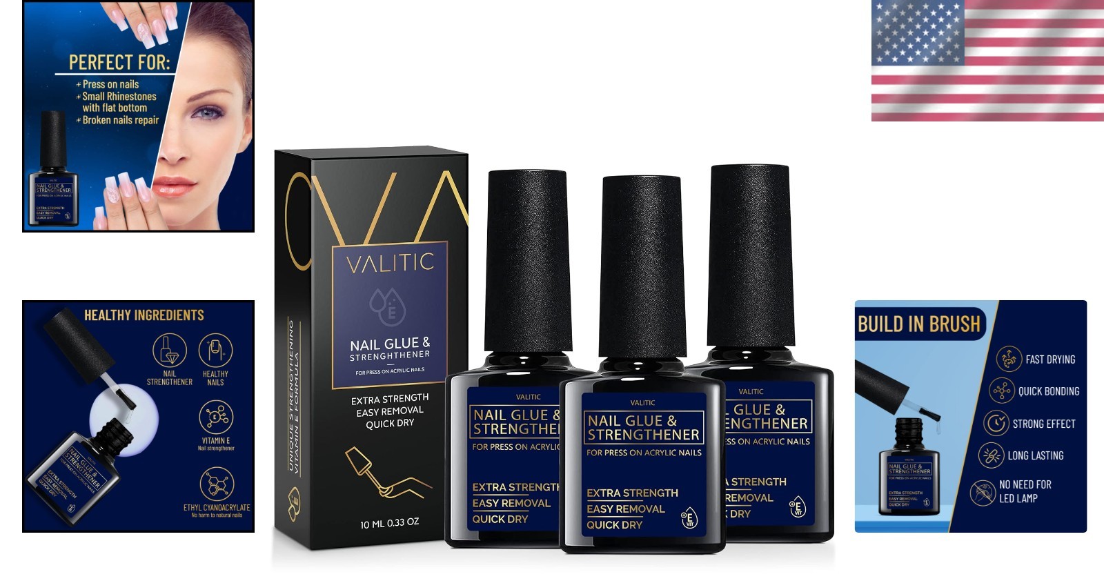 Extra Strong Brush On Nail Adhesive with Vitamin E for Instant Manicure – 3 Pack