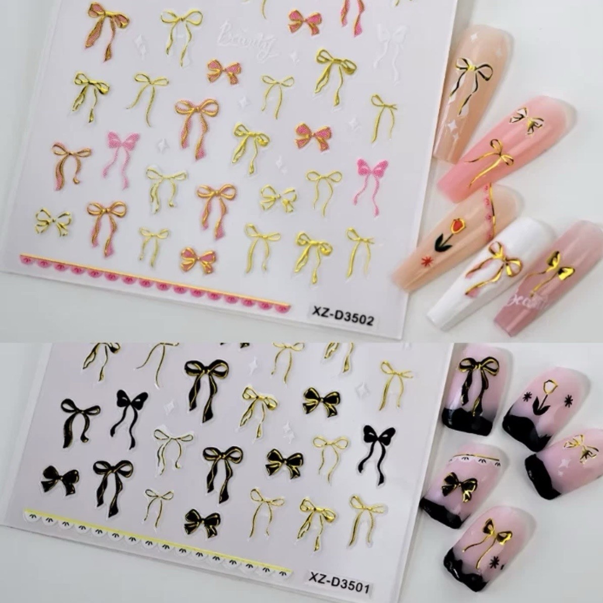 2sets Pink & Black Bow Nail Stickers 3D Coquette Ribbon Decals Y2K Nail Art DIY