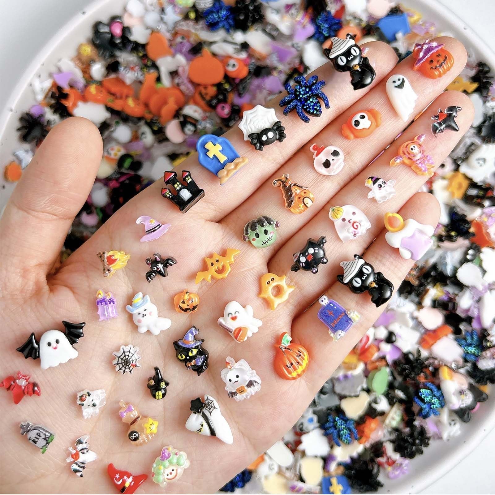 50Pcs Halloween Nail Charms Colorful Mini Cute Cartoon Nail Art Charms Bat Sp…