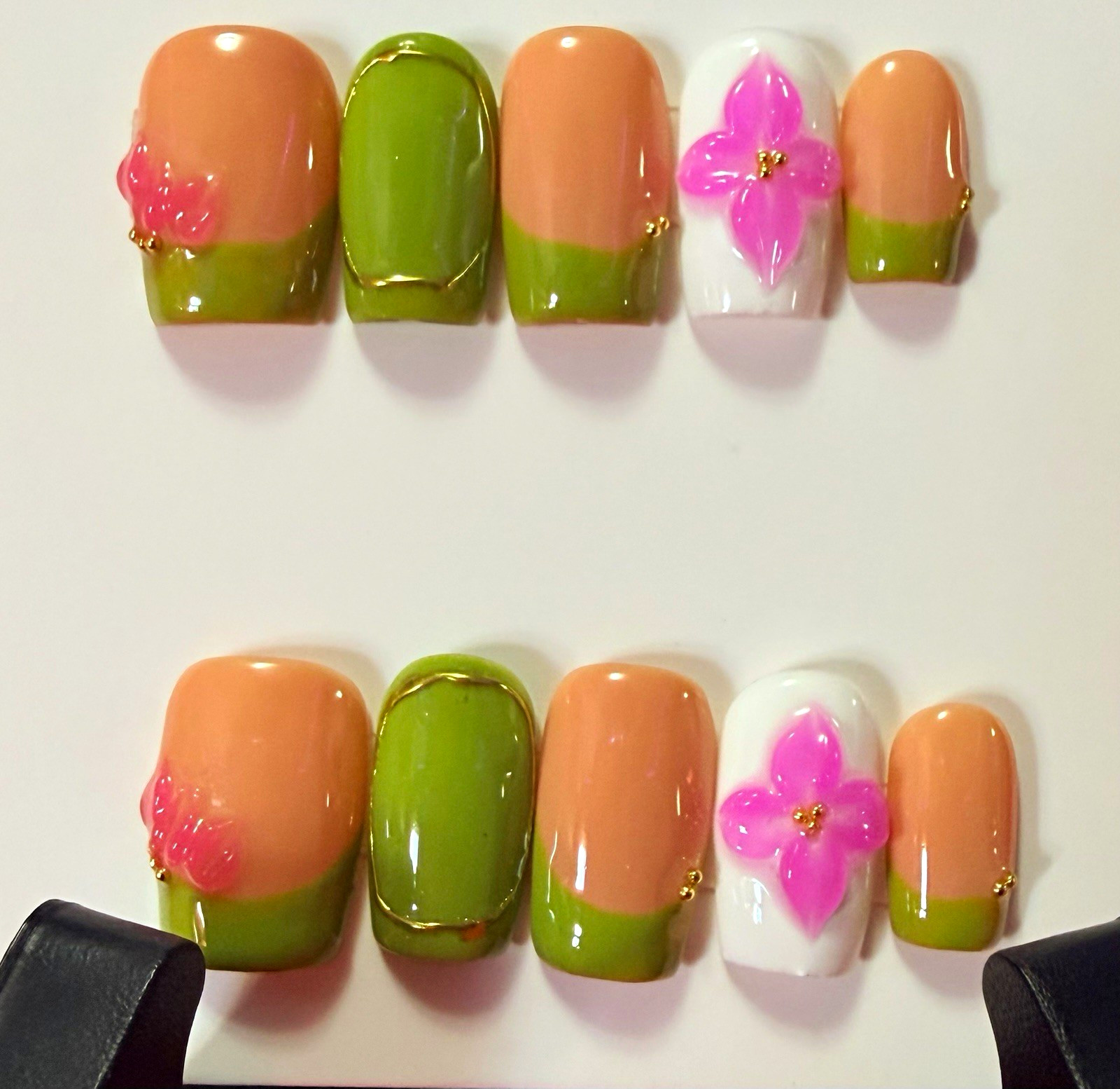 Green/Pink/Nude 3D Floral Square Press-On Nails, Short Acrylic
