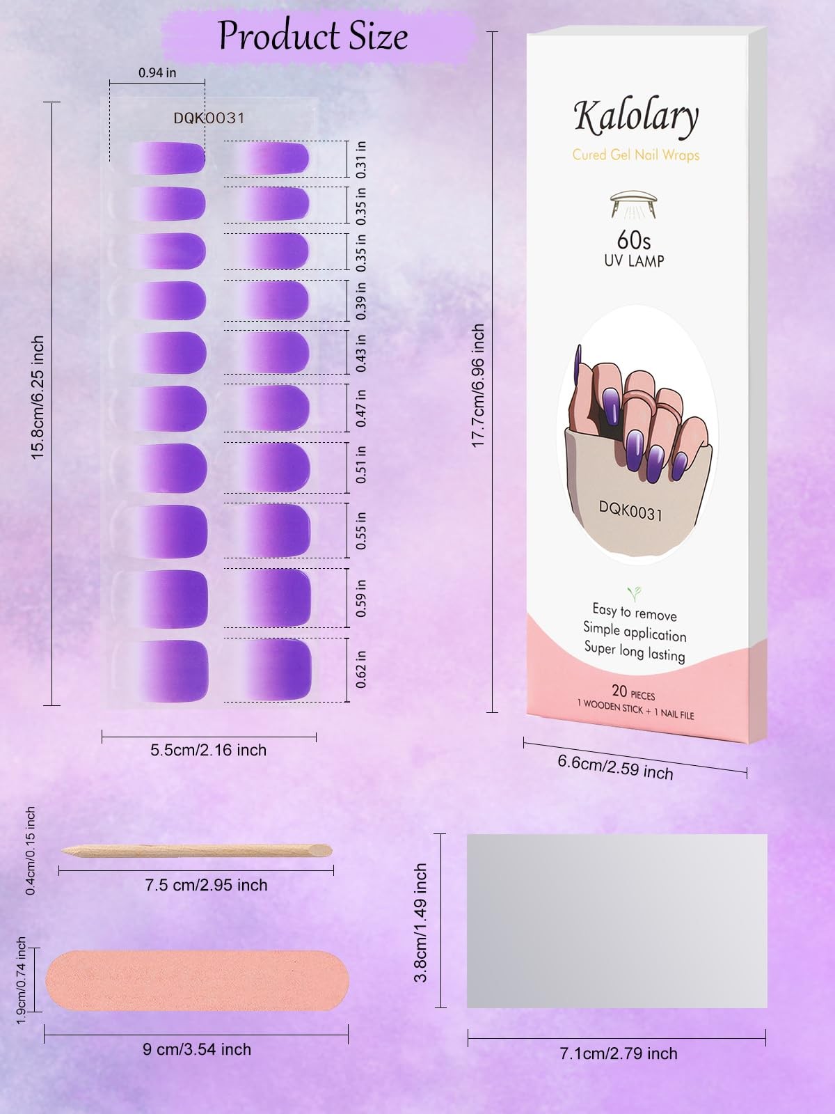 60PCS Gel Nail Polish Strips, Kalolary Gradient Purple Full Nail Wraps Gel Nail