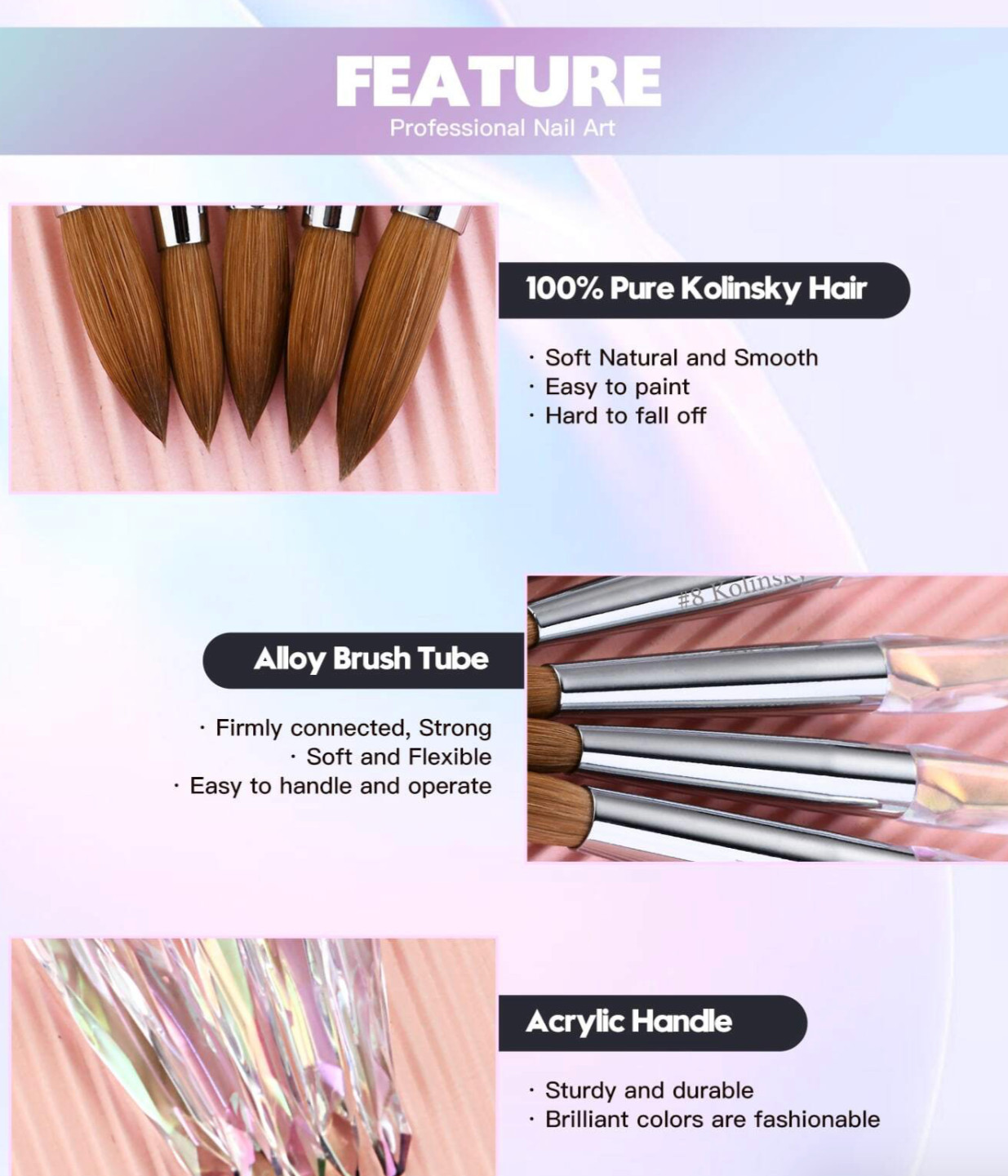 Kolinsky Acrylic Nail Brushes Professional Oval Round Crystal Handle