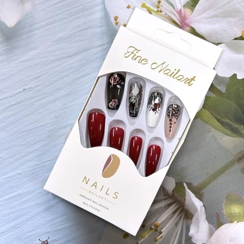 24Pcs Flower False Nails Red Press on Nails Medium Rose Flower and Black Lace