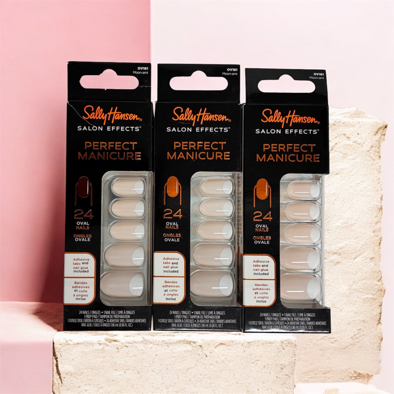 LOT of 3X Sally Hansen MOON-AMI OV161 Salon Perfect Manicure 24 OVAL Nails +GLUE