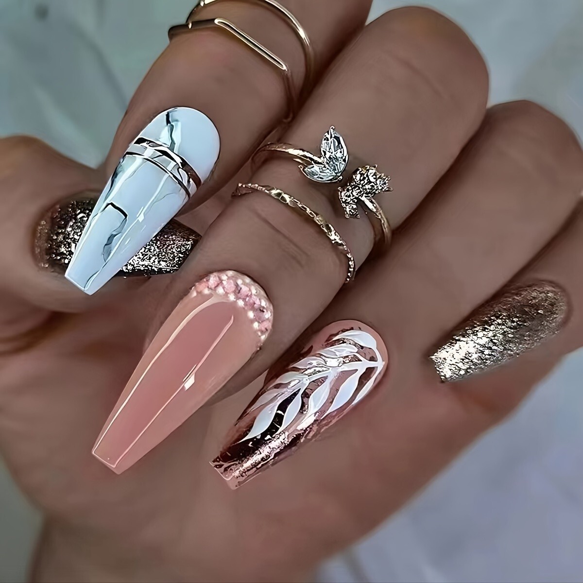 Long Coffin Shaped Full Cover Glitter Press On Nails – Leaf Design, Ballet Style