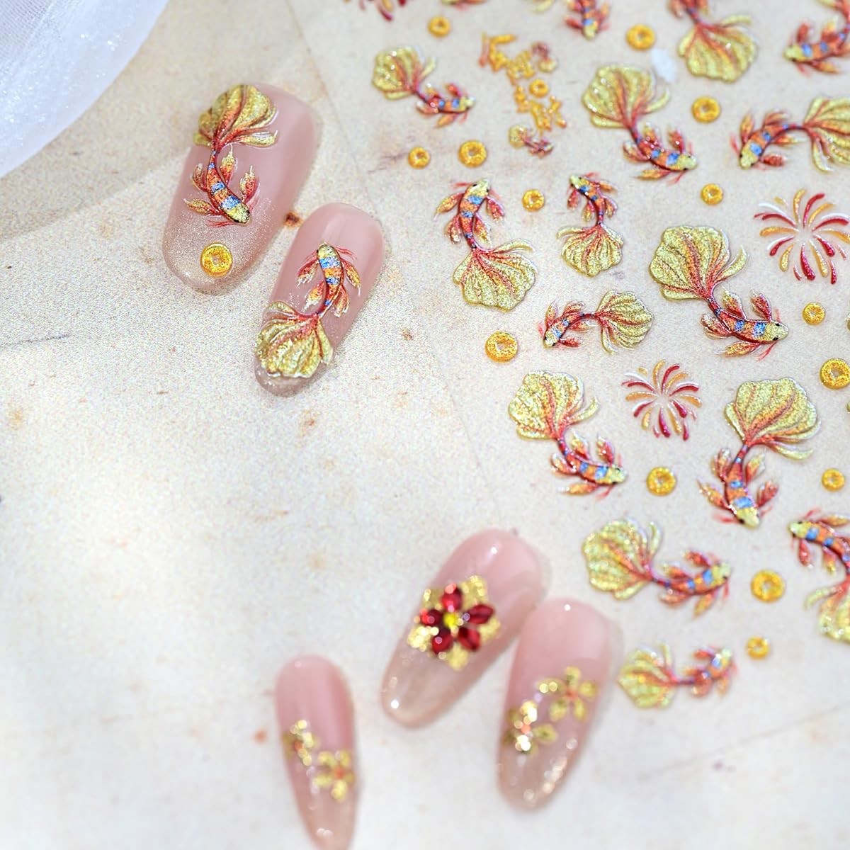 1 Goldfish Nail Art Stickers 5D Embossed Glitter Koi Fish Nail Decals -Adhesi…