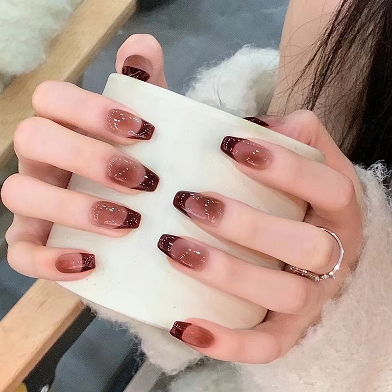 48 Pcs Wine Red Gradient Oval Press on Nails, Glossy Minimal Nude Fake Nails