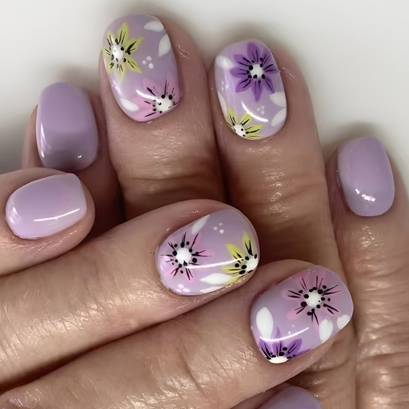 24 Pieces Short Square Nail Set Purple Floral Theme for Quick Manicures