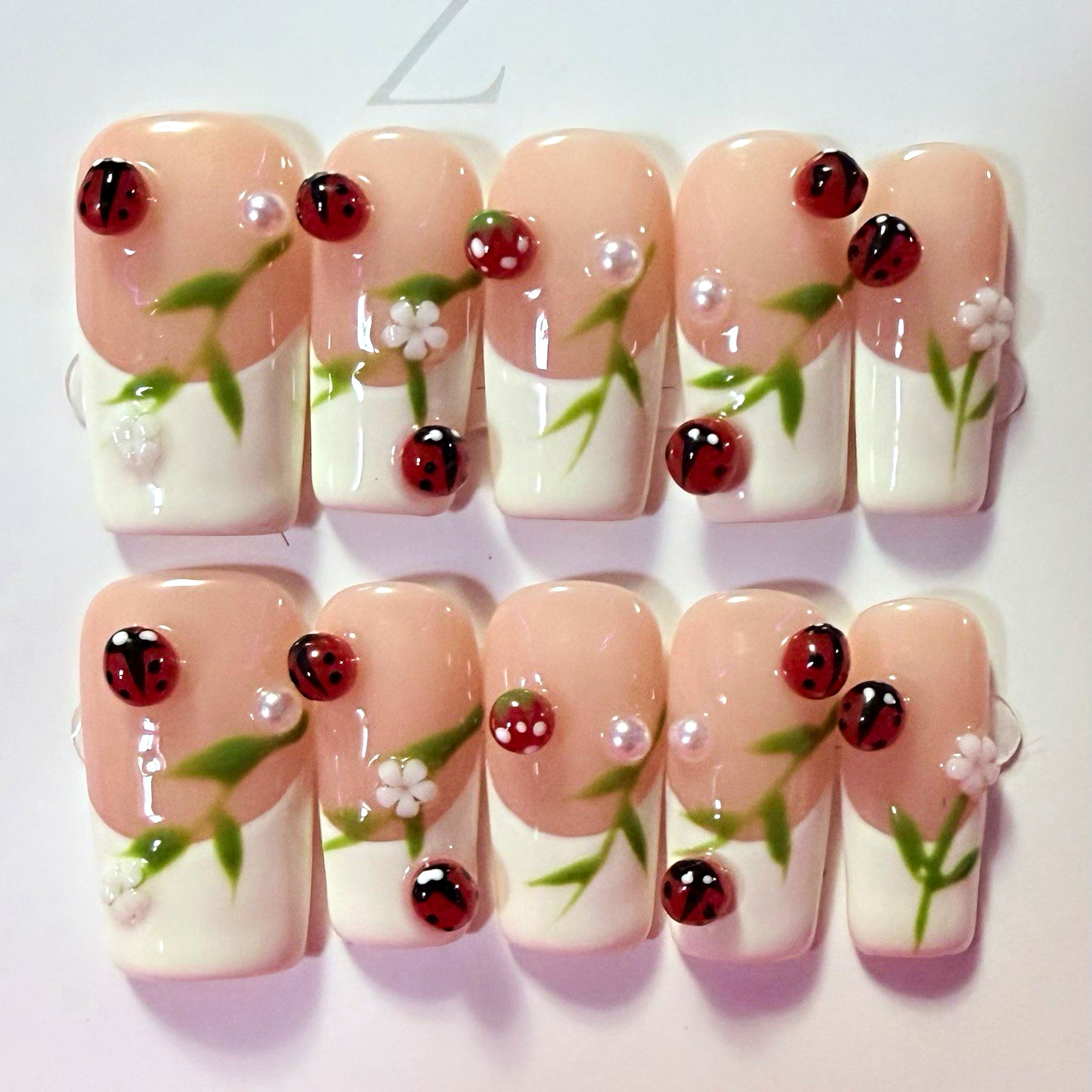 Pink/White/Green/Red 3D French Floral Square Press-On Nails, size large