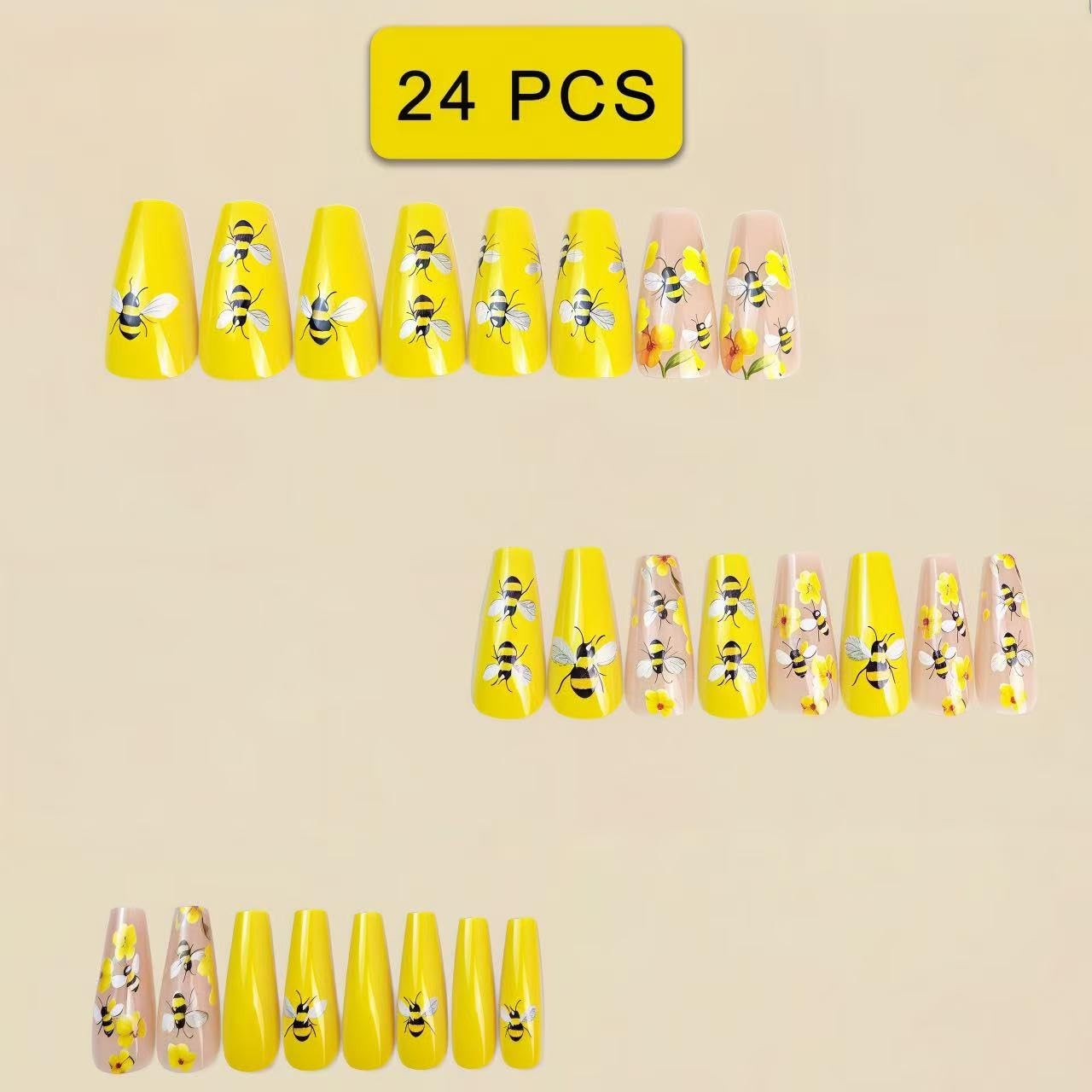 Spring Bee Press on Nails Medium Ballet Fake Nails Yellow Daisy False Nail De…