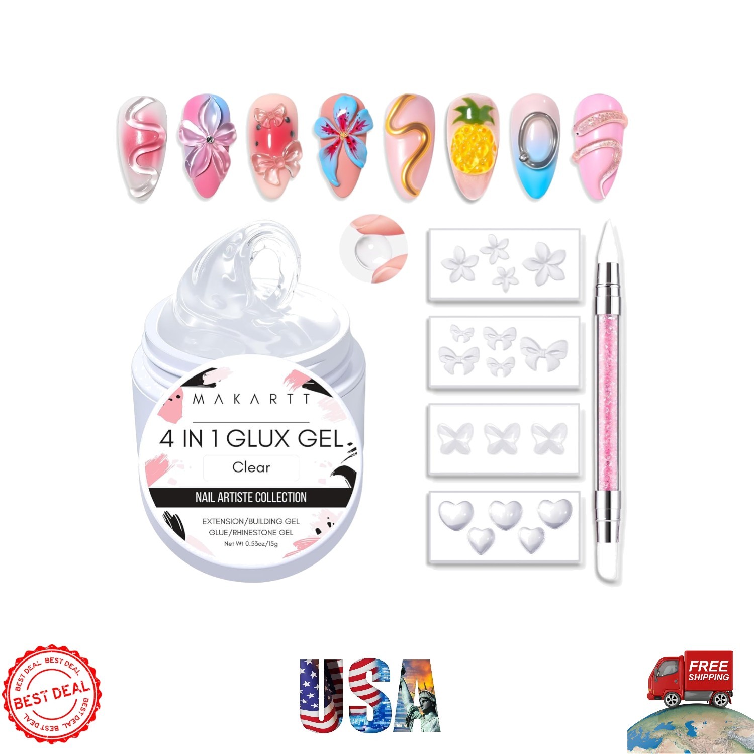 3D Nail Gel Art Set – 4 Silicone Molds & 15ML Builder Gel for Stunning Designs