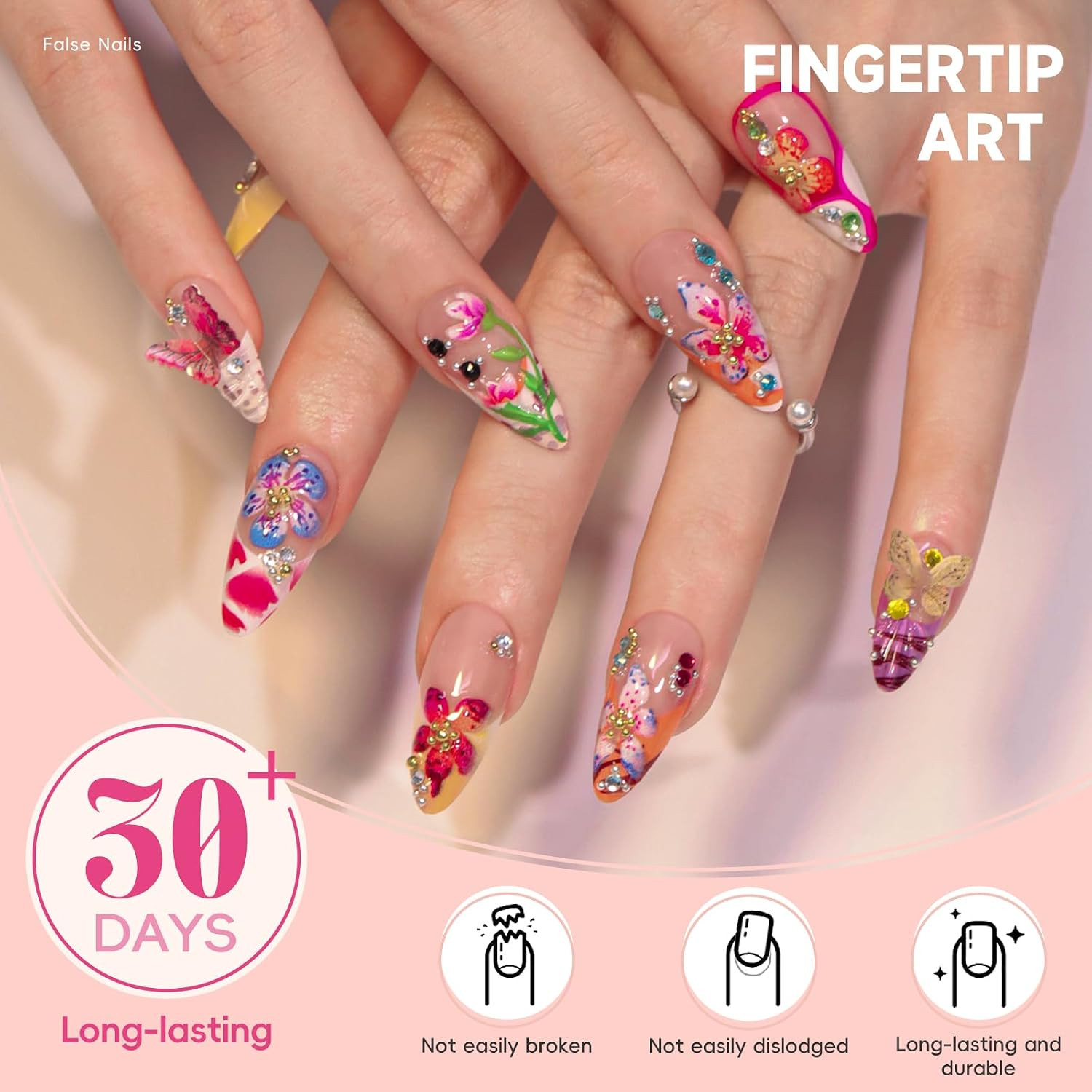 HOSAILY 3D Flower Summer Press on Nails Medium Almond, 24Pcs Colorful Butterfly