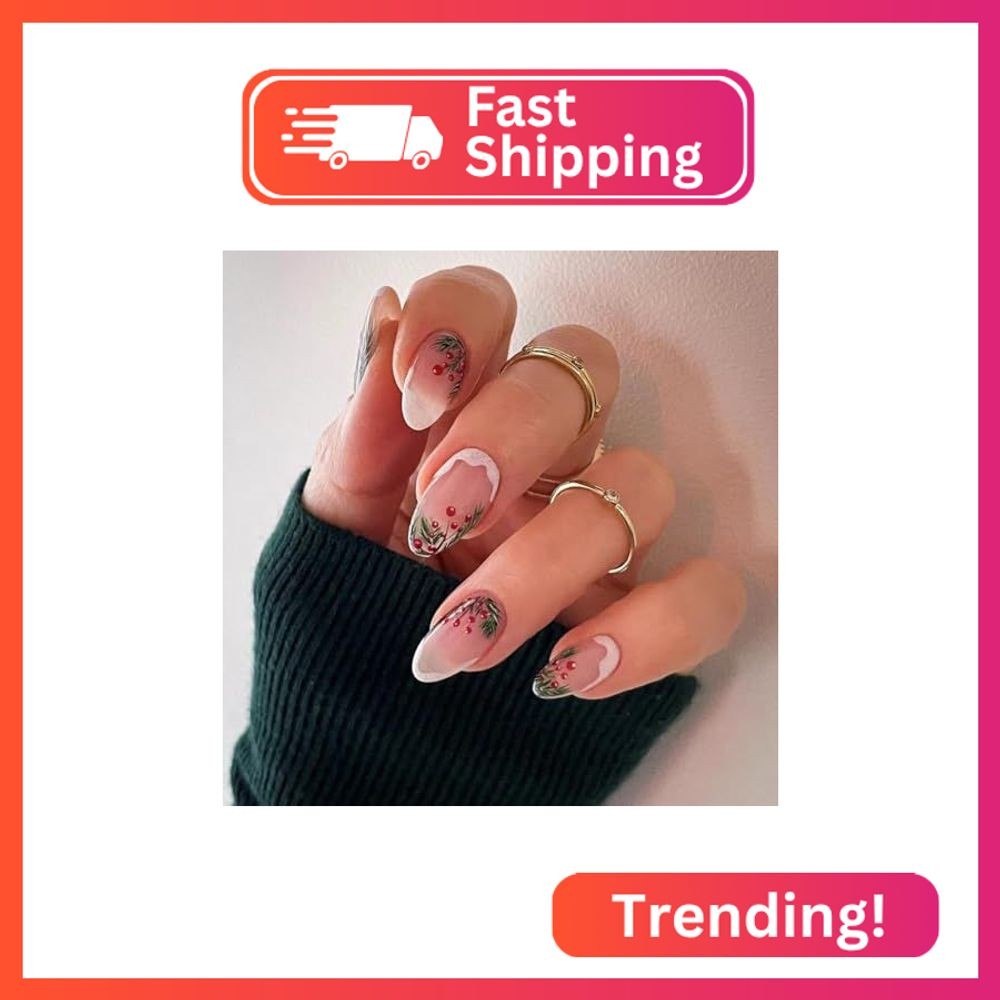 Christmas Holly Leaves Press on Nails Christmas Snow Fake Nails Acrylic Nails wi